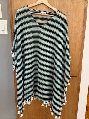 ⛱️🔥Swimsuits for All - Teal, Black & White Striped V-Neck Tassel Trim Cover-Up